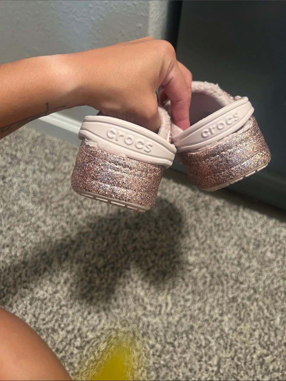 CROCS Kids Glitter Clog in Rose Gold with Light Pink Strap